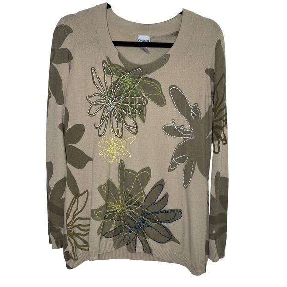 Chico's Sweaters - Chicos Floral Embroidered Sweater Womens Size M Tan Olive Green Scoop Neck